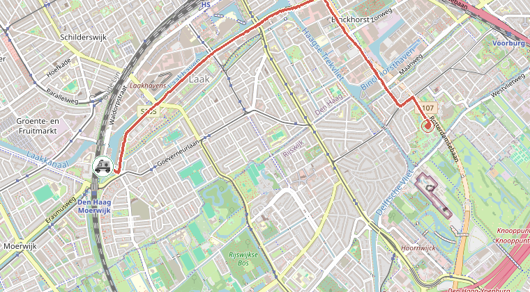 Kaart van de omgeving van de melding, met de kazerne die is gealarmeerd