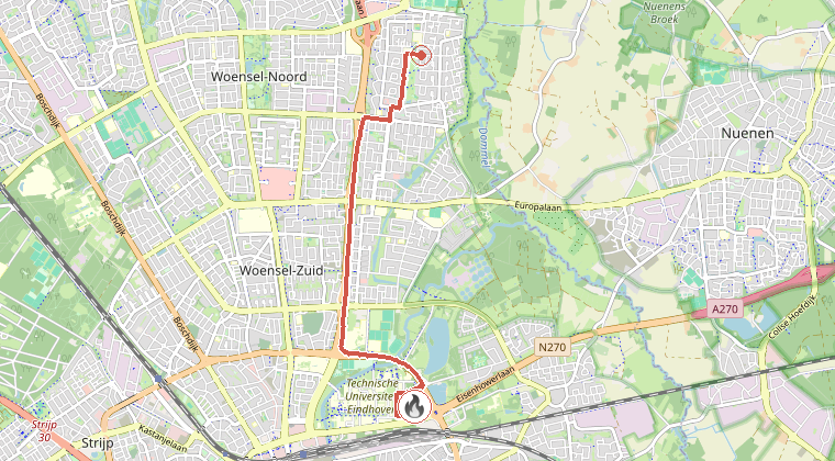 Kaart van de omgeving van de melding, met de kazerne die is gealarmeerd