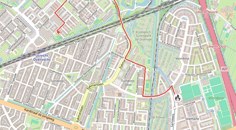 Kaart van de omgeving van de melding, met de kazerne die is gealarmeerd