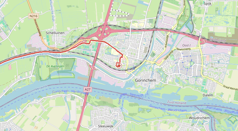 Kaart van de omgeving van de melding, met de kazerne die is gealarmeerd