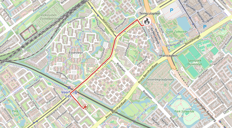 Kaart van de omgeving van de melding, met de kazerne die is gealarmeerd