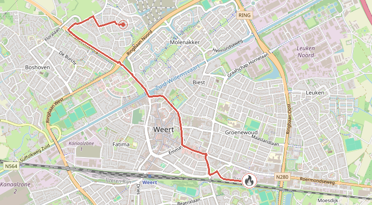 Kaart van de omgeving van de melding, met de kazerne die is gealarmeerd