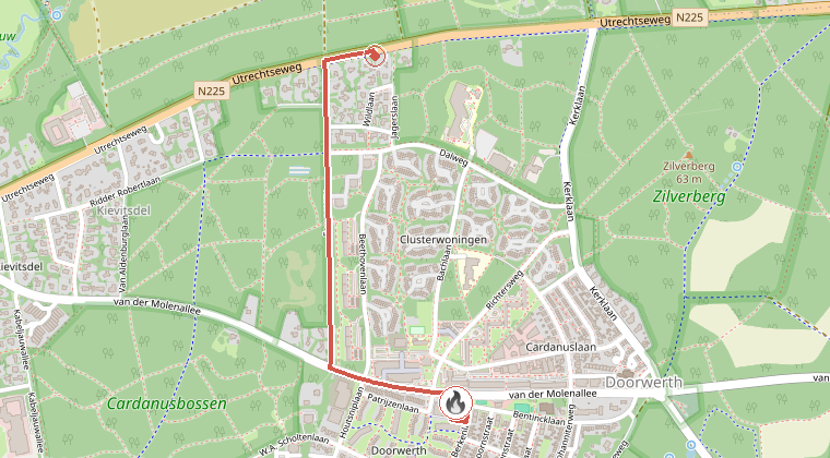 Kaart van de omgeving van de melding, met de kazerne die is gealarmeerd