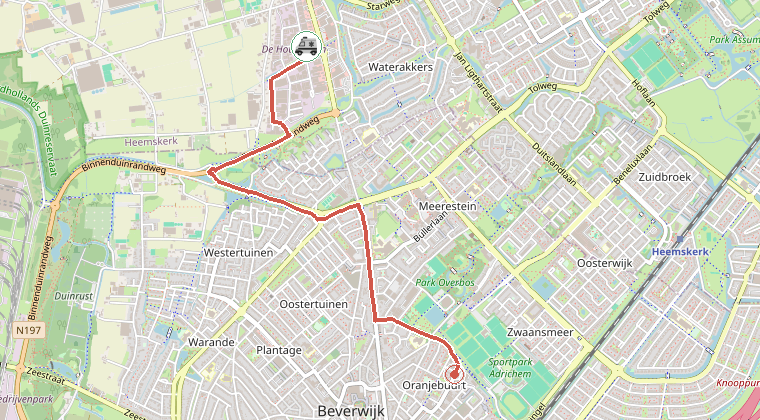 Kaart van de omgeving van de melding, met de kazerne die is gealarmeerd