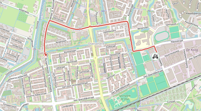 Kaart van de omgeving van de melding, met de kazerne die is gealarmeerd