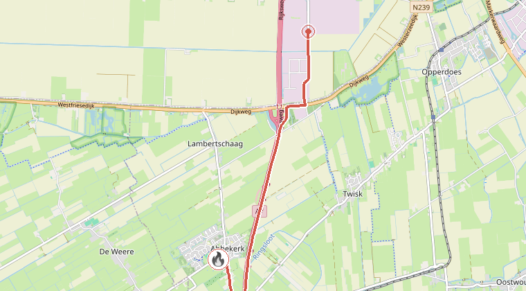 Kaart van de omgeving van de melding, met de kazerne die is gealarmeerd