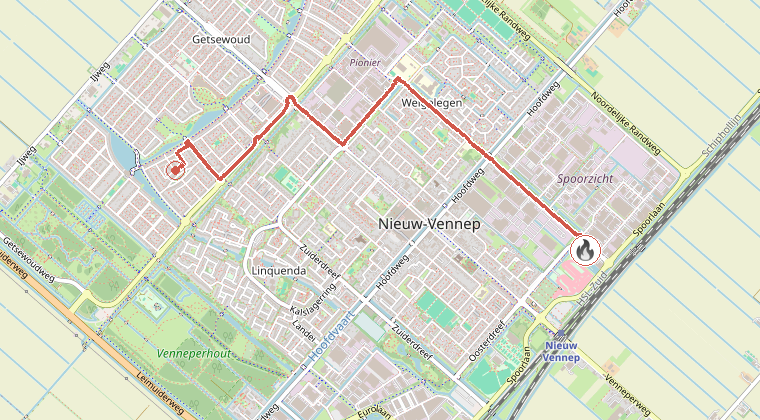 Kaart van de omgeving van de melding, met de kazerne die is gealarmeerd