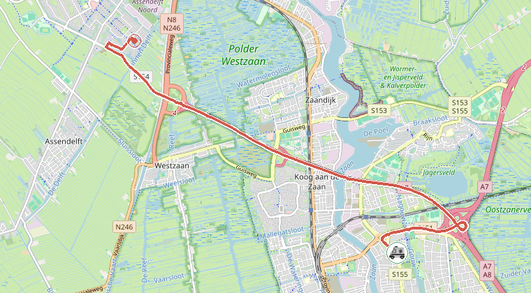 Kaart van de omgeving van de melding, met de kazerne die is gealarmeerd