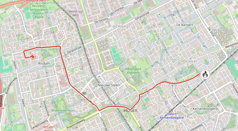 Kaart van de omgeving van de melding, met de kazerne die is gealarmeerd