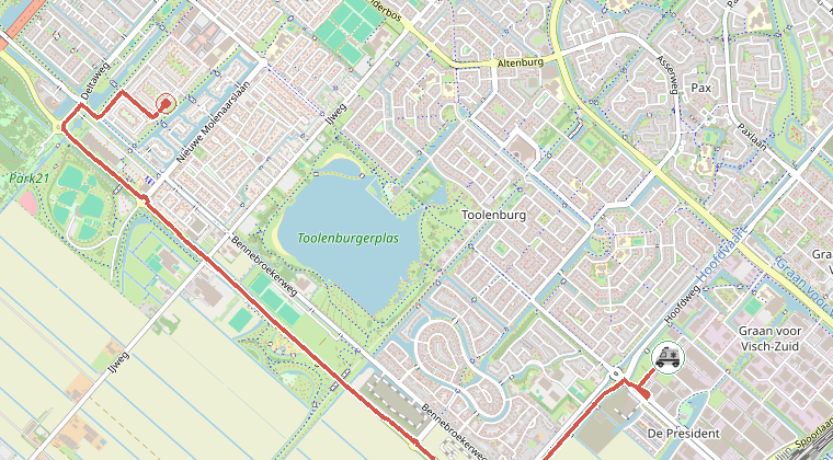 Kaart van de omgeving van de melding, met de kazerne die is gealarmeerd