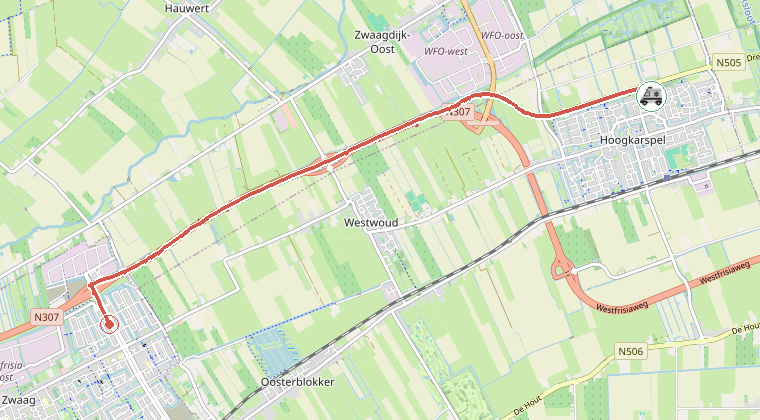 Kaart van de omgeving van de melding, met de kazerne die is gealarmeerd