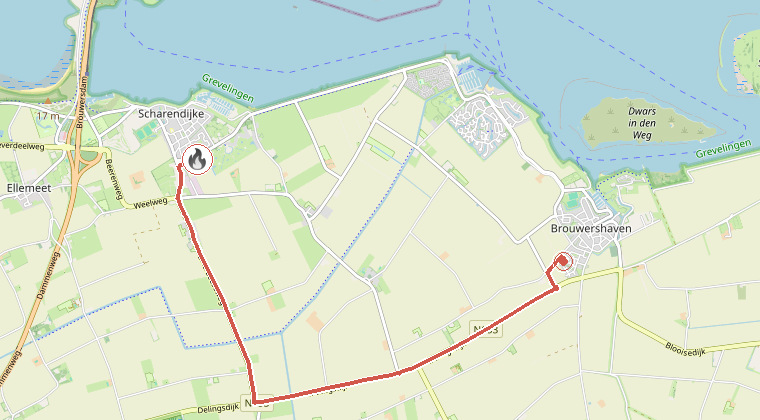 Kaart van de omgeving van de melding, met de kazerne die is gealarmeerd