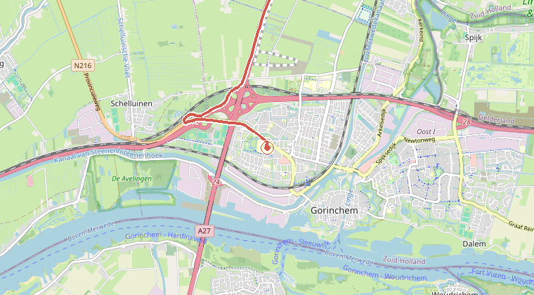 Kaart van de omgeving van de melding, met de kazerne die is gealarmeerd
