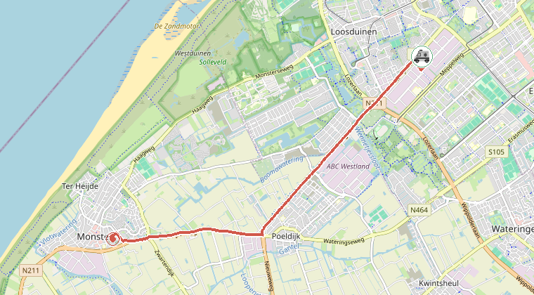 Kaart van de omgeving van de melding, met de kazerne die is gealarmeerd
