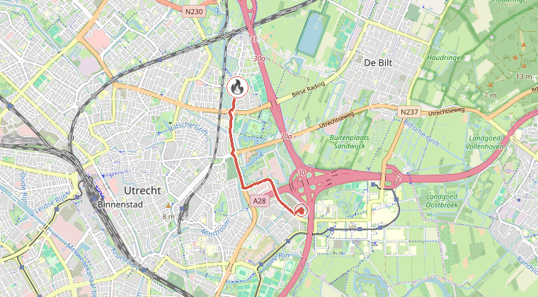 Kaart van de omgeving van de melding, met de kazerne die is gealarmeerd