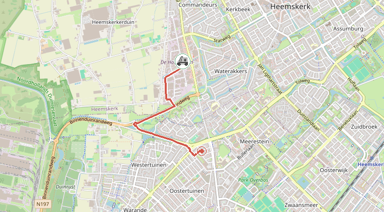 Kaart van de omgeving van de melding, met de kazerne die is gealarmeerd