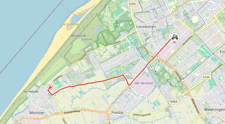Kaart van de omgeving van de melding, met de kazerne die is gealarmeerd