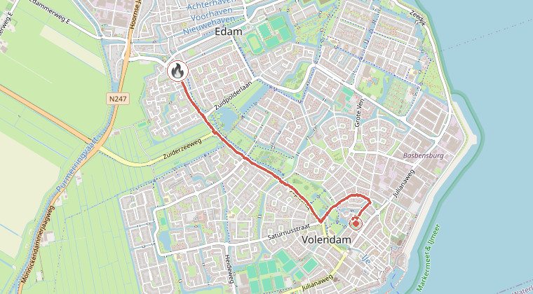 Kaart van de omgeving van de melding, met de kazerne die is gealarmeerd
