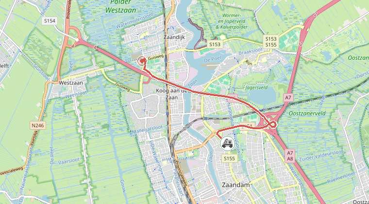 Kaart van de omgeving van de melding, met de kazerne die is gealarmeerd