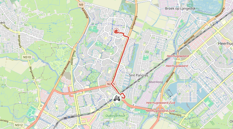 Kaart van de omgeving van de melding, met de kazerne die is gealarmeerd