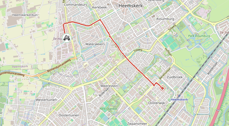Kaart van de omgeving van de melding, met de kazerne die is gealarmeerd