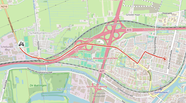 Kaart van de omgeving van de melding, met de kazerne die is gealarmeerd
