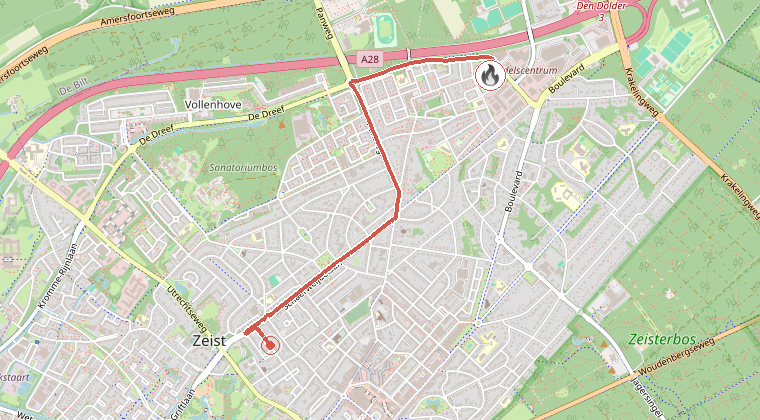 Kaart van de omgeving van de melding, met de kazerne die is gealarmeerd
