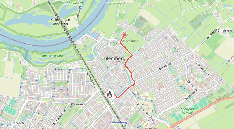 Kaart van de omgeving van de melding, met de kazerne die is gealarmeerd