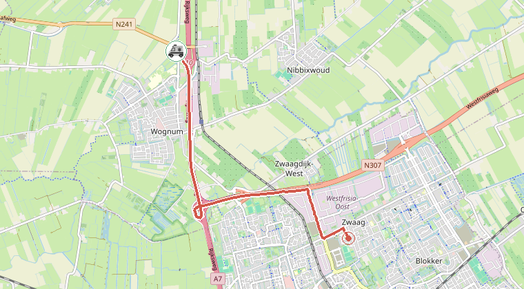 Kaart van de omgeving van de melding, met de kazerne die is gealarmeerd