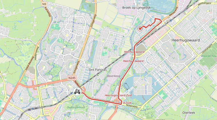 Kaart van de omgeving van de melding, met de kazerne die is gealarmeerd