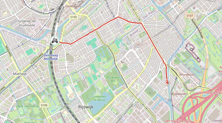 Kaart van de omgeving van de melding, met de kazerne die is gealarmeerd
