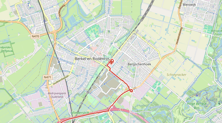Kaart van de omgeving van de melding, met de kazerne die is gealarmeerd