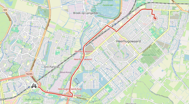 Kaart van de omgeving van de melding, met de kazerne die is gealarmeerd