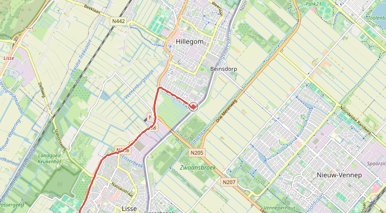 Kaart van de omgeving van de melding, met de kazerne die is gealarmeerd