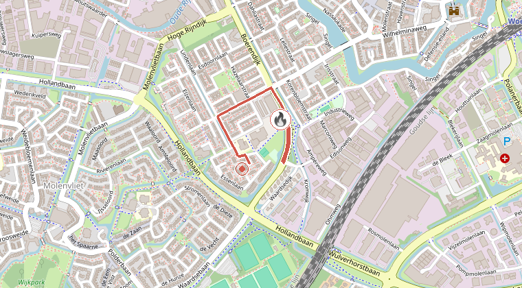 Kaart van de omgeving van de melding, met de kazerne die is gealarmeerd
