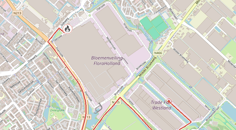 Kaart van de omgeving van de melding, met de kazerne die is gealarmeerd