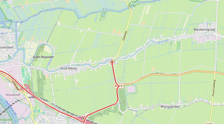 Kaart van de omgeving van de melding, met de kazerne die is gealarmeerd