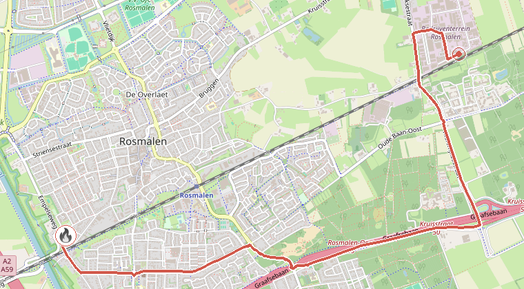 Kaart van de omgeving van de melding, met de kazerne die is gealarmeerd