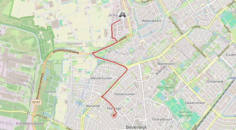 Kaart van de omgeving van de melding, met de kazerne die is gealarmeerd