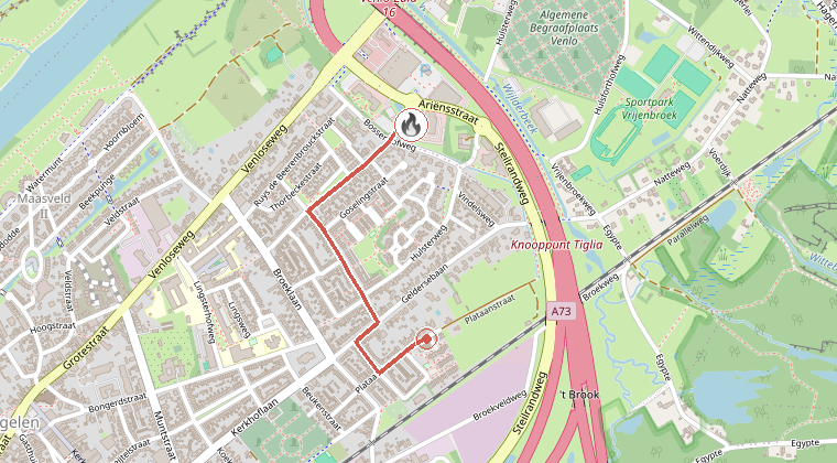 Kaart van de omgeving van de melding, met de kazerne die is gealarmeerd