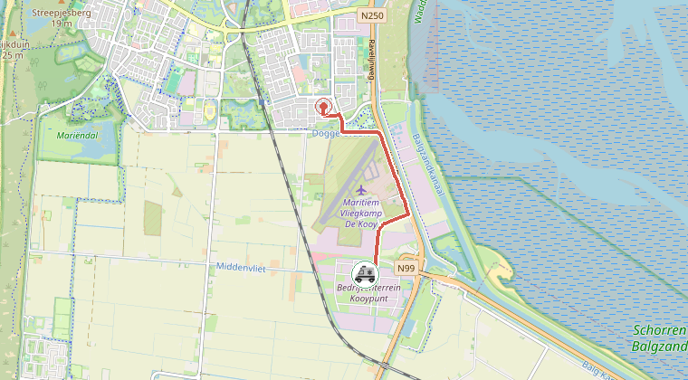 Kaart van de omgeving van de melding, met de kazerne die is gealarmeerd