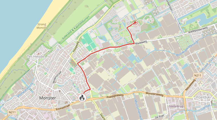 Kaart van de omgeving van de melding, met de kazerne die is gealarmeerd