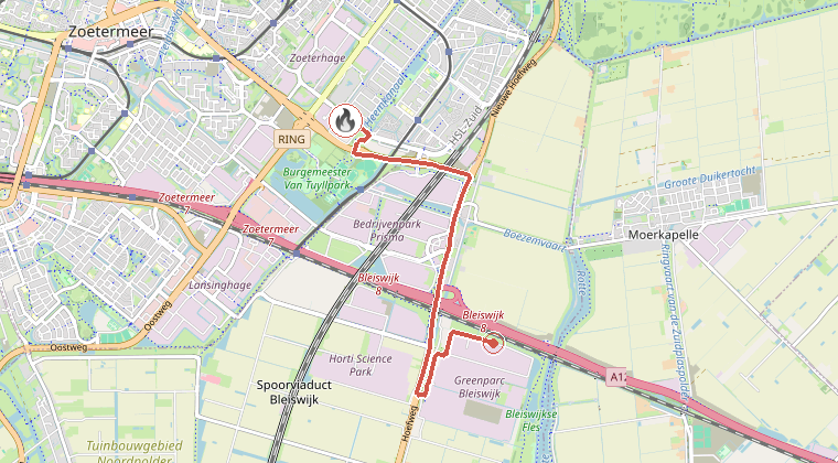 Kaart van de omgeving van de melding, met de kazerne die is gealarmeerd