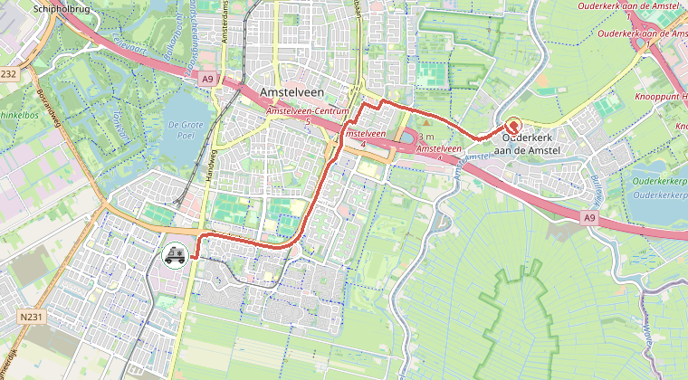 Kaart van de omgeving van de melding, met de kazerne die is gealarmeerd