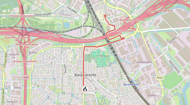 Kaart van de omgeving van de melding, met de kazerne die is gealarmeerd