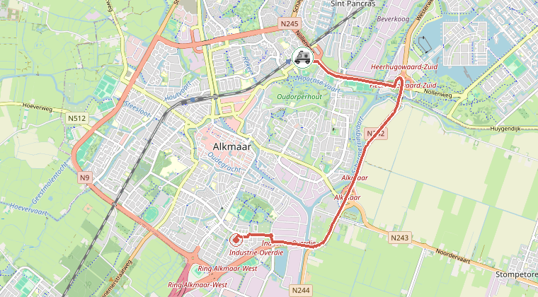 Kaart van de omgeving van de melding, met de kazerne die is gealarmeerd