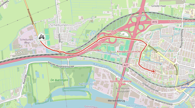 Kaart van de omgeving van de melding, met de kazerne die is gealarmeerd