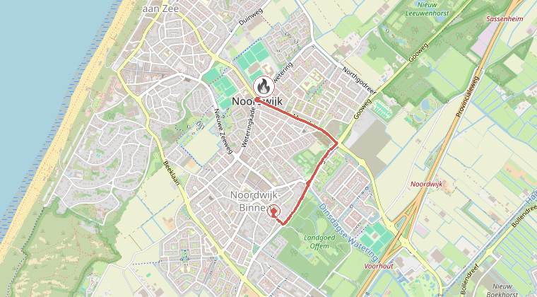 Kaart van de omgeving van de melding, met de kazerne die is gealarmeerd