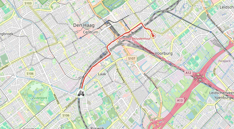 Kaart van de omgeving van de melding, met de kazerne die is gealarmeerd