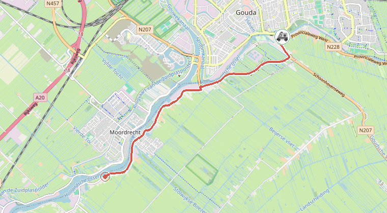 Kaart van de omgeving van de melding, met de kazerne die is gealarmeerd